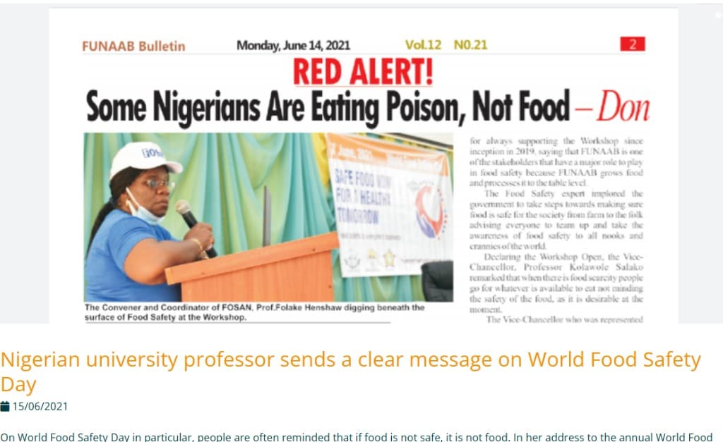 Codex article featuring Professor Folake Henshaw speaking on World Food Safety Day